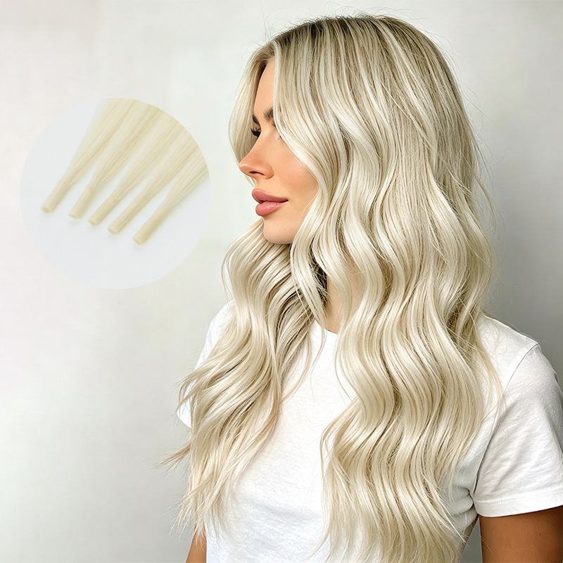 A close-up side view of a stylist's hands seamlessly snapping an Upladys silicone-lined clip into the root section of fine blonde hair, demonstrating the non-slip grip and zero-tension placement close to the scalp.